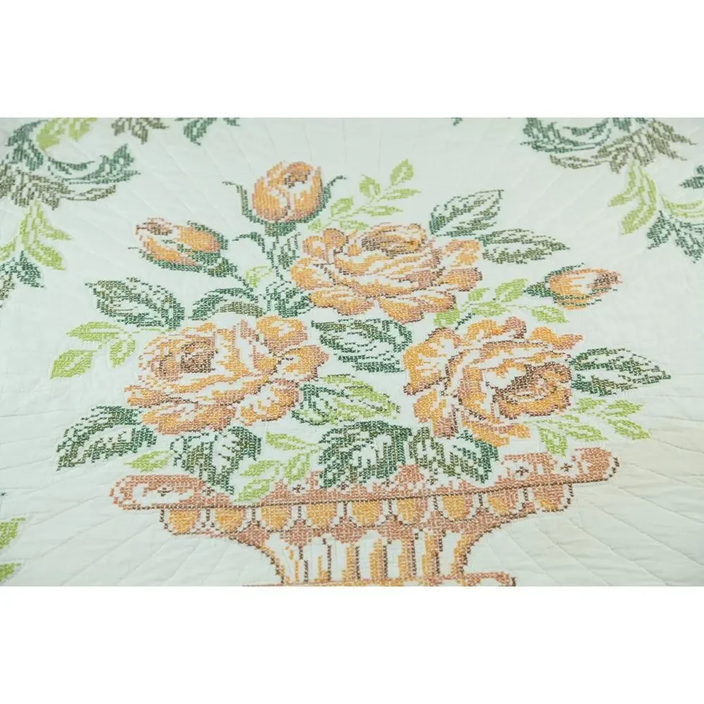 Vintage Needlepoint Bedspread Floral Cottagecore Granny Full 86